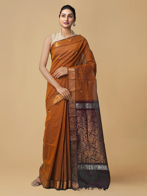 

Unnati Silks Rust Orange Pure Cotton Woven Design Handloom Garad Saree