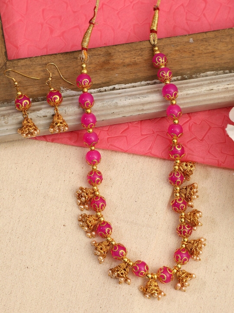 

ANIKAS CREATION Gold Plated & Pink Pearl Beaded Handcrafted Antique Jewellery Set