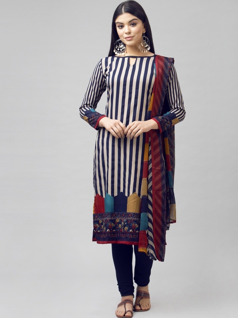 

Satrani Navy Blue & Mustard Printed Poly Crepe Unstitched Dress Material