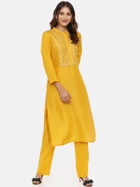 

Neerus Women Yellow & Silver-Toned Yoke Design Kurta with Trousers