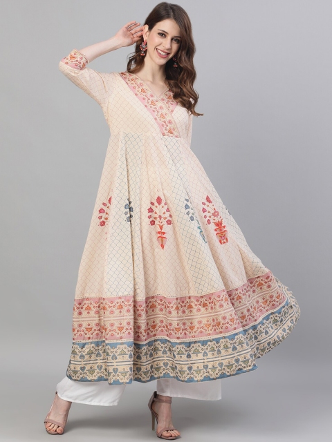 

Ishin Women Beige Ethnic Motifs Foil Printed Kurta