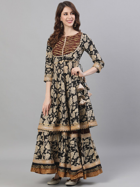 

Ishin Women Black & Beige Printed Kurta with Sharara & Dupatta