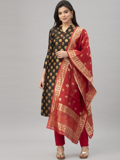 

Satrani Black & Brown Poly Silk Unstitched Dress Material