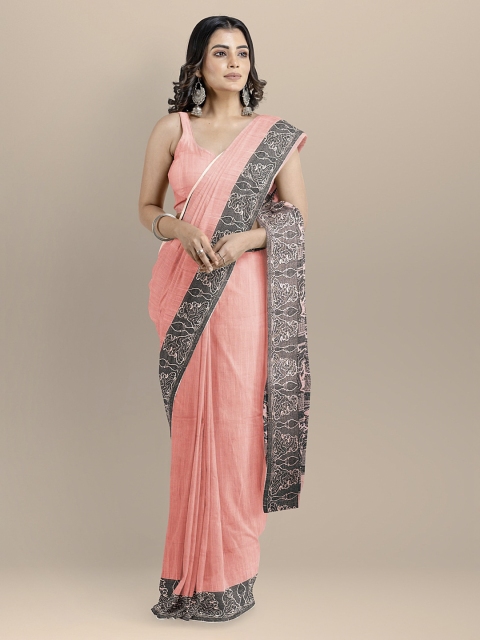 BharatSthali Peach-Coloured & Black Pure Cotton Solid Maheshwari Saree