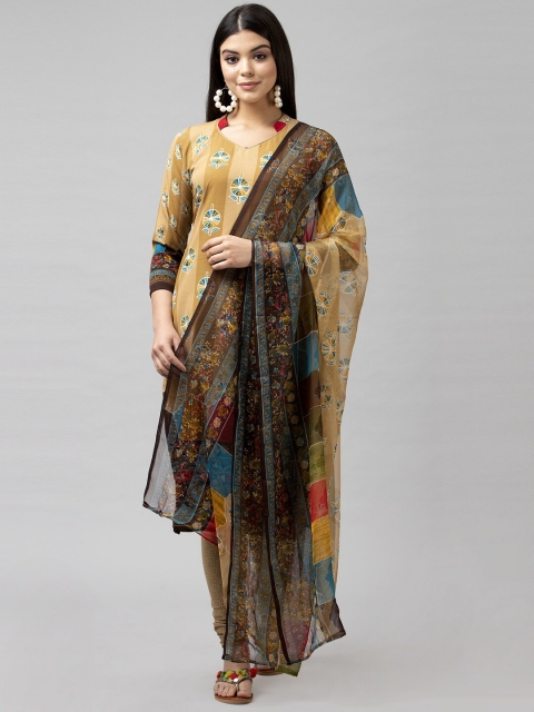 

Satrani Beige & Mustard Poly Crepe Printed Unstitched Dress Material