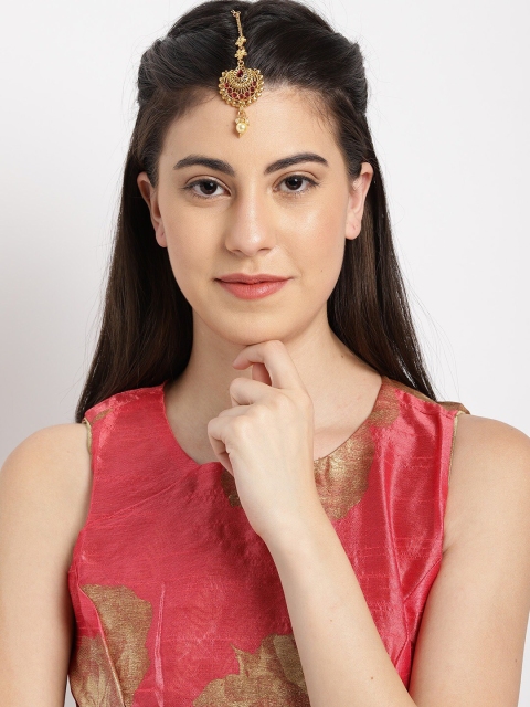 

Rubans Gold-Plated Red & White Stone-Studded Traditional Handcrafted Maangtikka