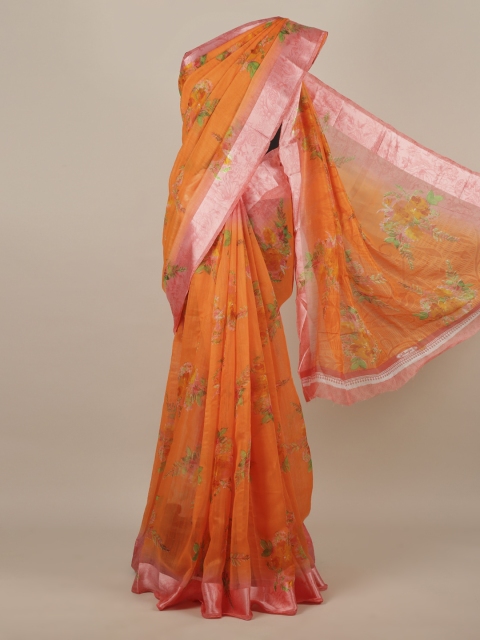

Pothys Orange Floral Printed Jute Silk Saree