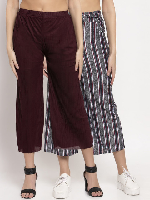 

KLOTTHE Women Pack Of 2 Burgundy & Navy Blue Striped Wide Leg Palazzos