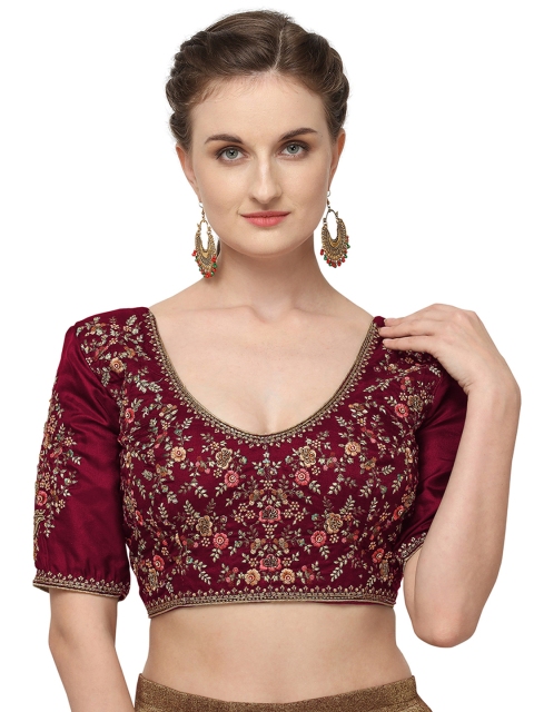 

RIYA Women Maroon & Gold-Coloured Zari Embroidered Readymade Padded Saree Blouse