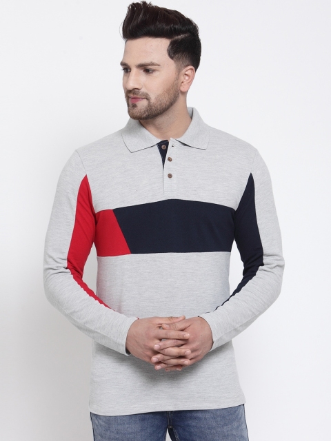 

Kalt Men Grey Melange Colourblocked Polo Collar T-shirt