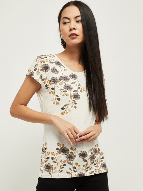 

max Women Beige Printed Round Neck T-shirt