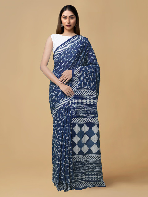 

Unnati Silks Blue Pure Cotton Printed Dabu Saree