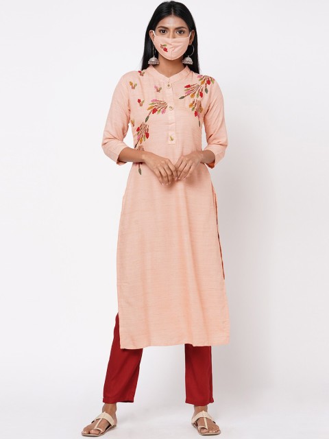 

FASHOR Women Peach-Coloured Floral Embroidered Thread Work Kurta