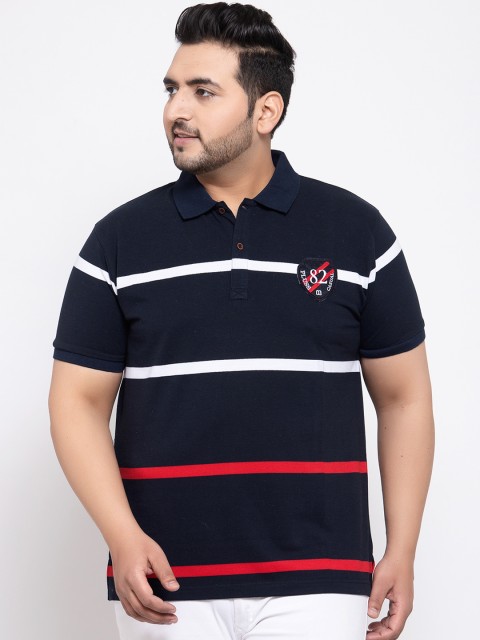 

plusS Men Navy Blue & White Striped Polo Collar T-shirt