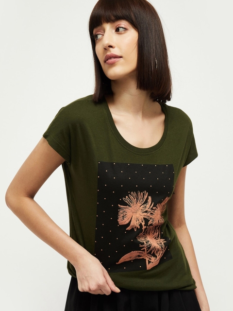 

max Women Green Printed Round Neck Cotton T-shirt