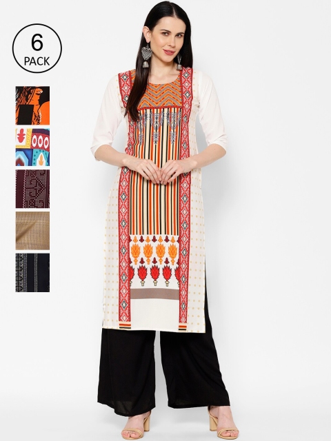 

7Threads Women Pack Of 6 Floral Printed Crepe Kurtas, White
