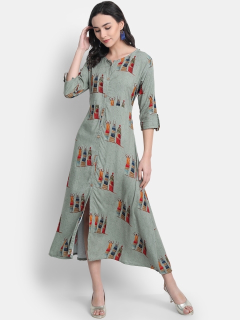 

7Threads Women Green Tribal Striped Kurta