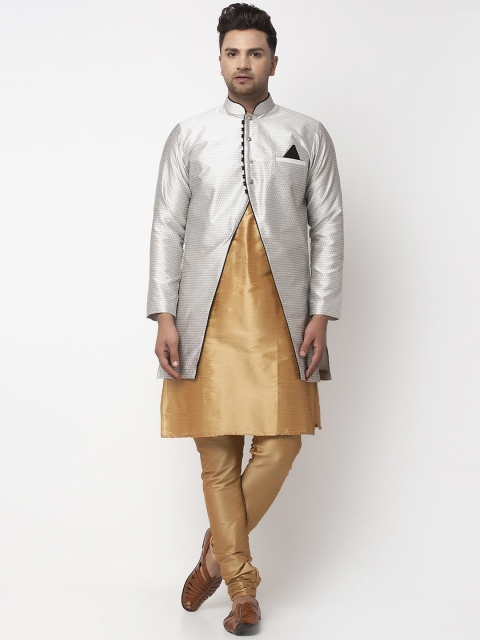 

Benstoke Men Silver-Coloured & Beige Self-Design Sherwani Set