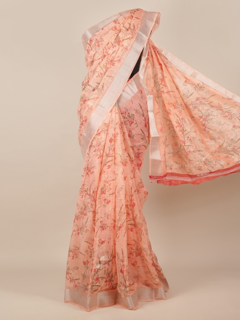 

Pothys Peach-Coloured Floral Printed Jute Silk Saree