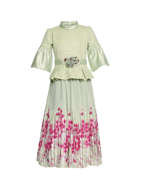 Tiny Baby Girls Green & Pink Floral Printed Peplum Dress