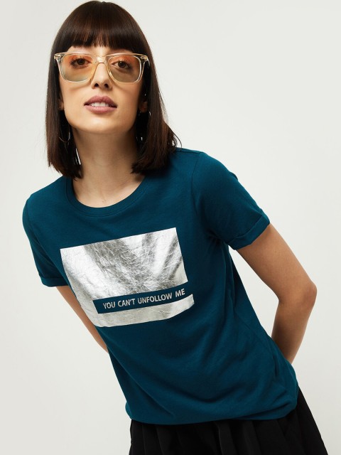 

max Women Teal Blue Printed Round Neck T-shirt