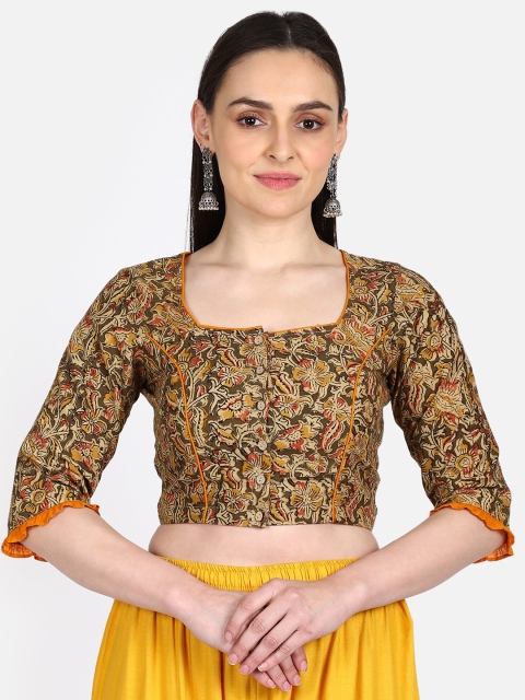 

THE WEAVE TRAVELLER Women Olive Green & Yellow Kalamkari Hand Block Printed Sustainable Saree Blouse