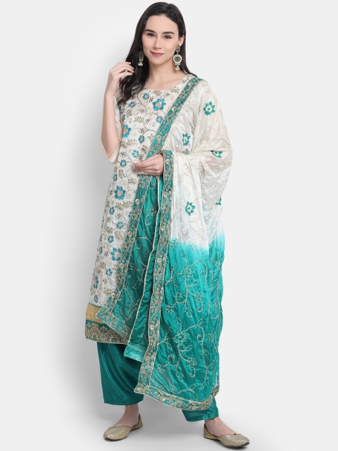

7Threads Cream-Coloured & Sea Green Raw Silk Semi-Stitched Dress Material