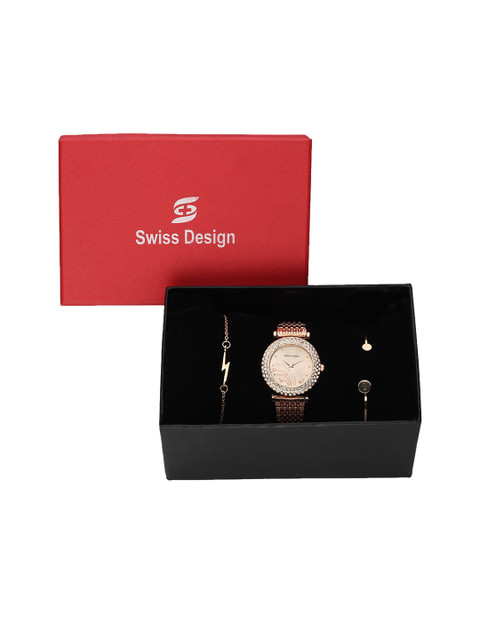 

Swiss Design Women Rose Gold Toned Watch & Bracelet Gift Set-SDWGift Set-87