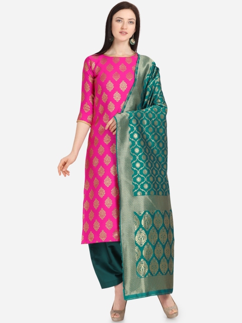 

Satrani Pink & Teal Poly Silk Unstitched Dress Material