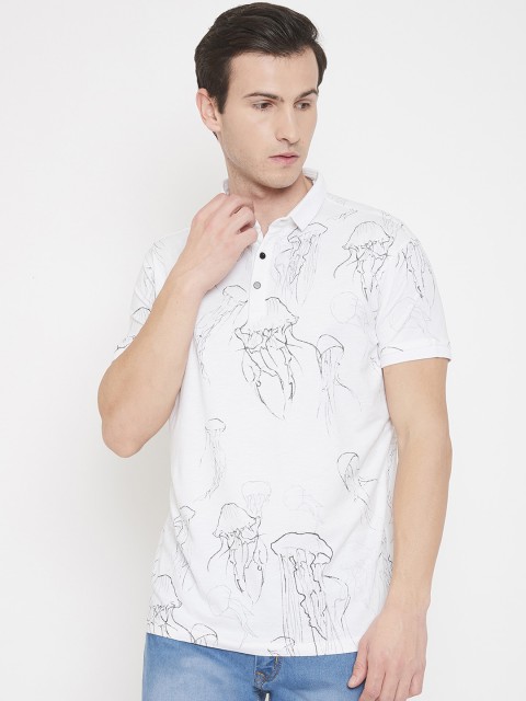

QUBIC Men White Printed Mandarin Collar T-shirt