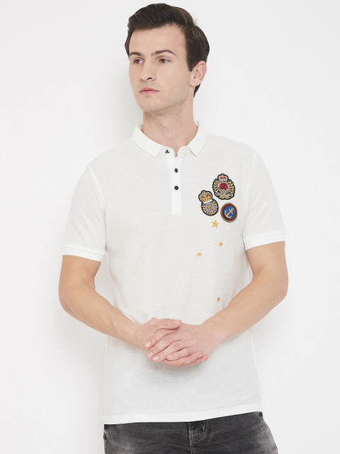 

QUBIC Men White Printed Polo Collar T-shirt