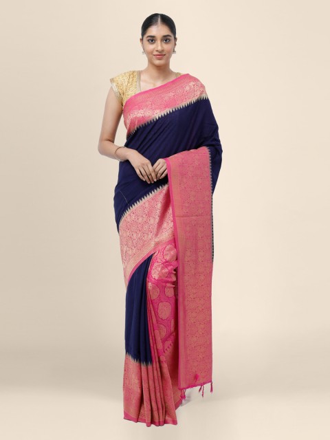 

Bangalore Silk Emporium Navy Blue Solid Linen Blend Saree