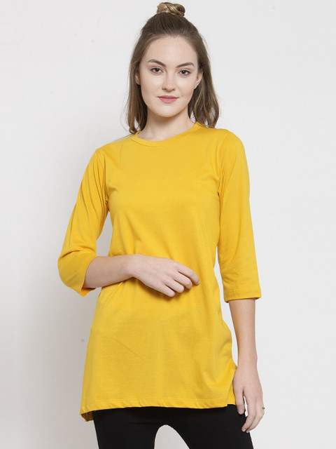 

Kalt Women Yellow Solid Round Neck Tunic