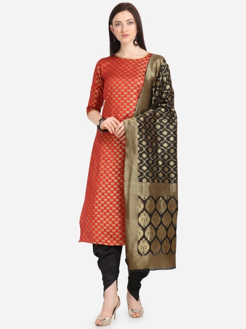 

Satrani Red & Brown Poly Silk Unstitched Dress Material