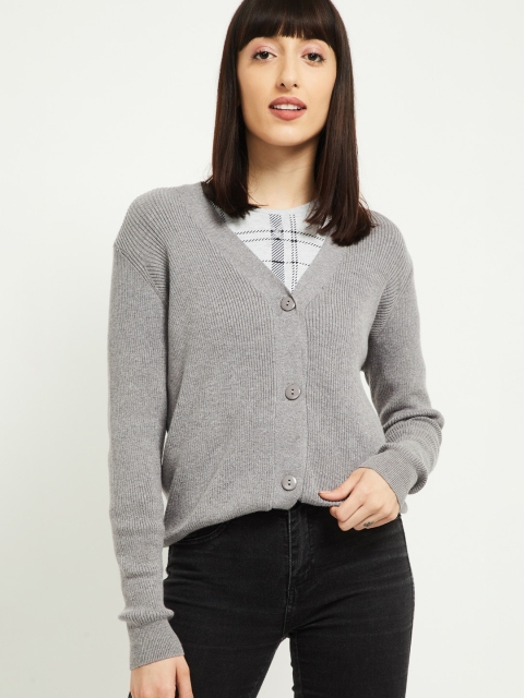 

max Women Grey Ribbed Cardigan Sweater
