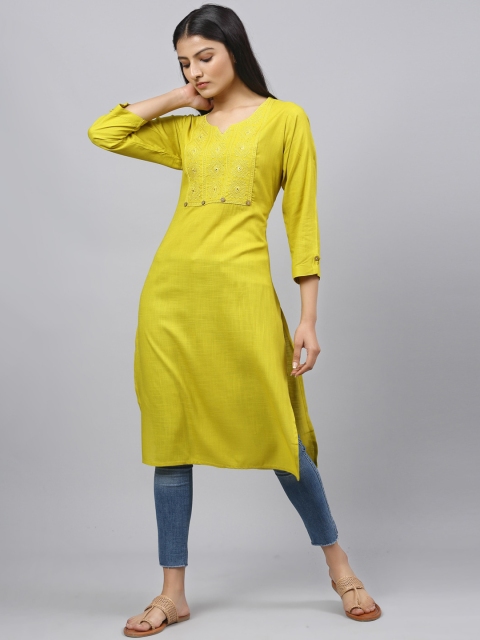 

ANAISA Women Lime Green Ethnic Motifs Yoke Design Thread Work Kurta