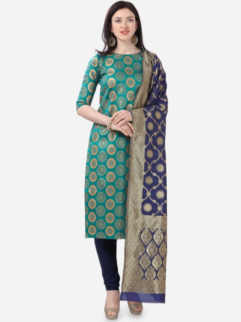 

Satrani Sea Green & Navy Blue Poly Silk Unstitched Dress Material