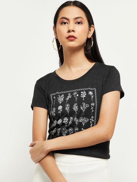 

max Women Grey & Off-White Floral Printed Round Neck T-shirt