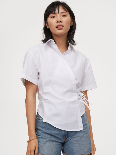 

H&M Women White Solid Wrapover Pure Cotton Shirt
