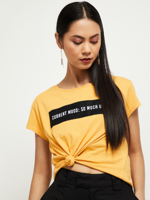 

max Women Yellow Printed Round Neck Cotton Pure Cotton T-shirt