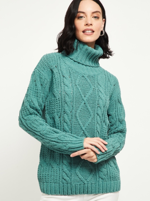 

max Women Green Self Design Pullover Sweater