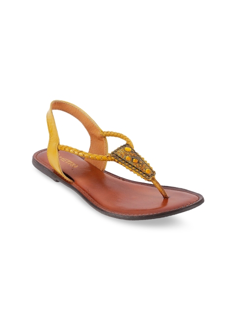 

Metro Women Yellow Solid Leather T-Strap Flats