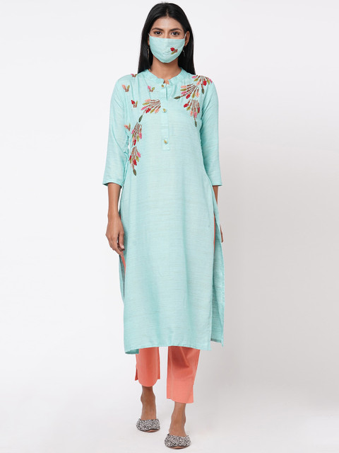 

FASHOR Women Blue Floral Embroidered Thread Work Kurta