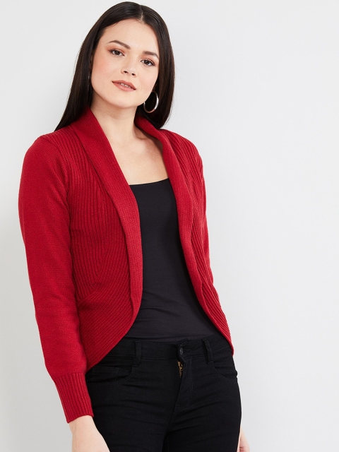 

max Women Red Ribbed Cardigan Sweater