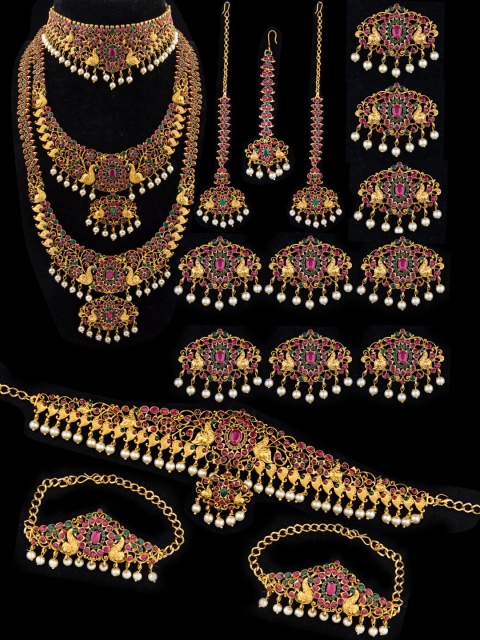 

Alankruthi Gold-Plated Red & Green Stone-Studded Beaded Temple Bridal Jewellery Set