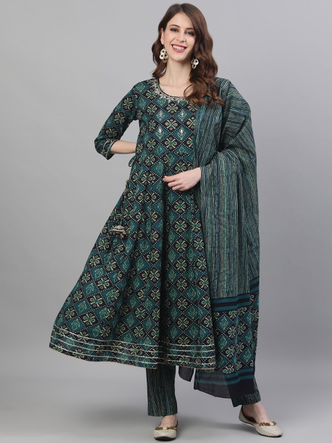 

Ishin Women Green Printed Kurta with Trousers & Dupatta
