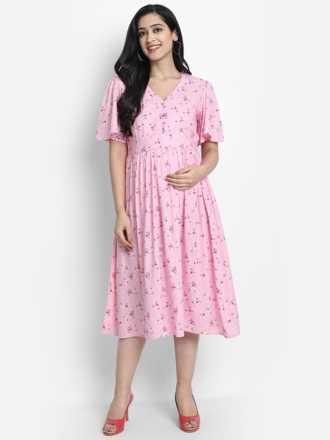 

Aaruvi Ruchi Verma Women Pink & Green Floral Printed Maternity A-Line Dress