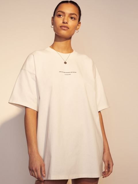 

H&M Women White Printed Cotton Oversized T-shirt
