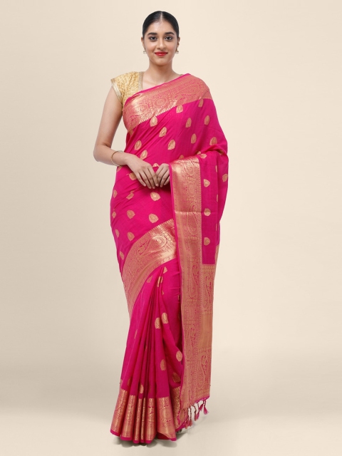 

Bangalore Silk Emporium Pink & Gold-Toned Linen Blend Woven Design Saree