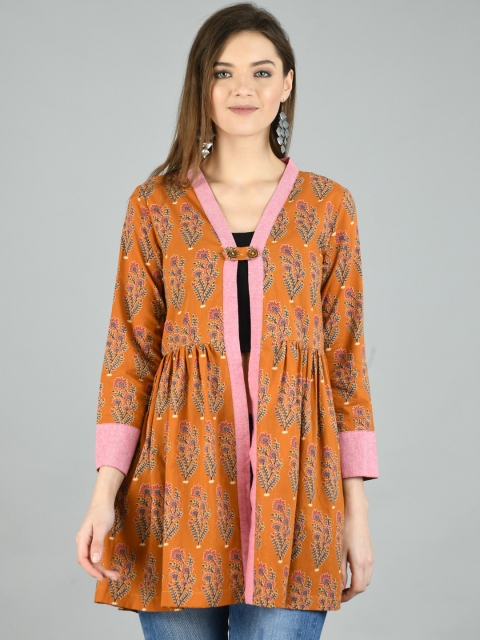 

Myshka Women Yellow & Pink Printed Cotton Button Shrug